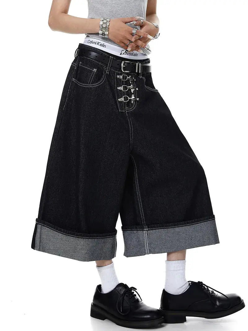 Buckle Detail Raw Denim Jorts | Inflation Streetwear