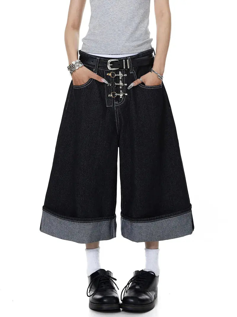 Buckle Detail Raw Denim Jorts | Inflation Streetwear