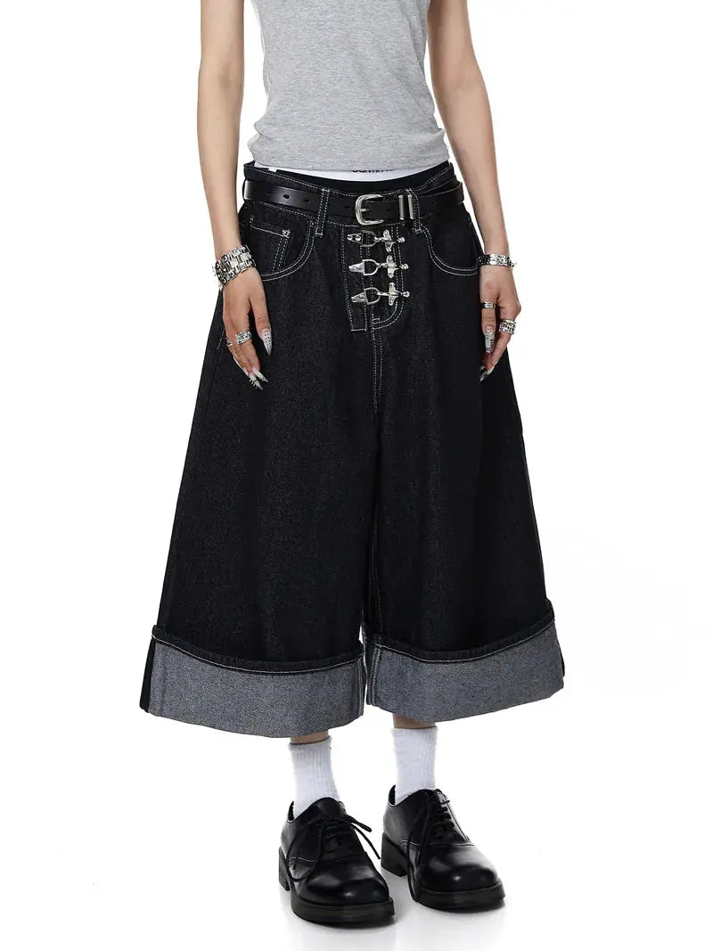 Buckle Detail Raw Denim Jorts | Inflation Streetwear
