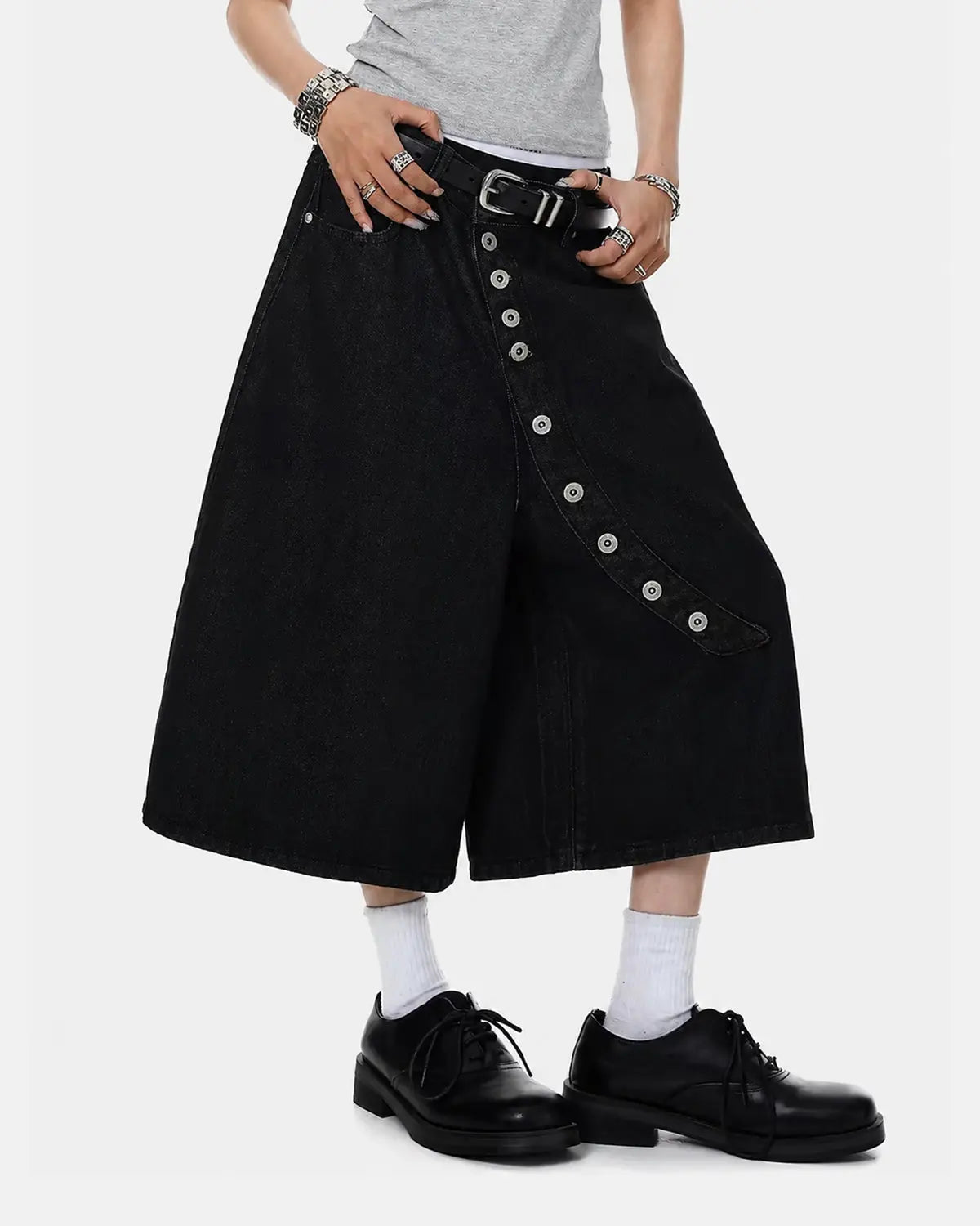 Asymmetric Button Raw Denim Jorts | Inflation Streetwear