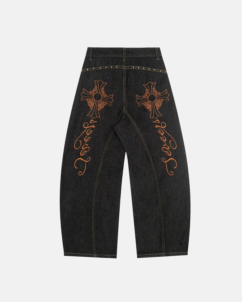 Gothic Cross Embroidery Barrel Jeans | Inflation Streetwear