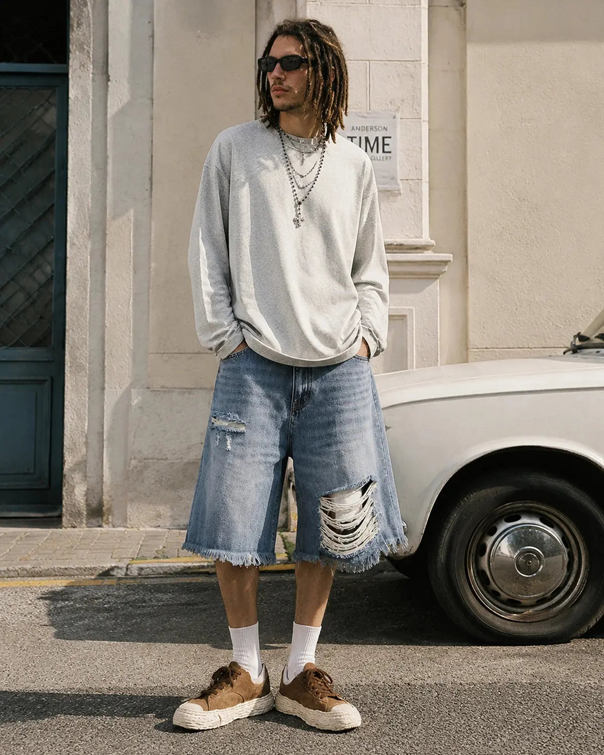 Distressed Baggy Jorts with Adjustable Waist Tabs | Inflation Streetwear
