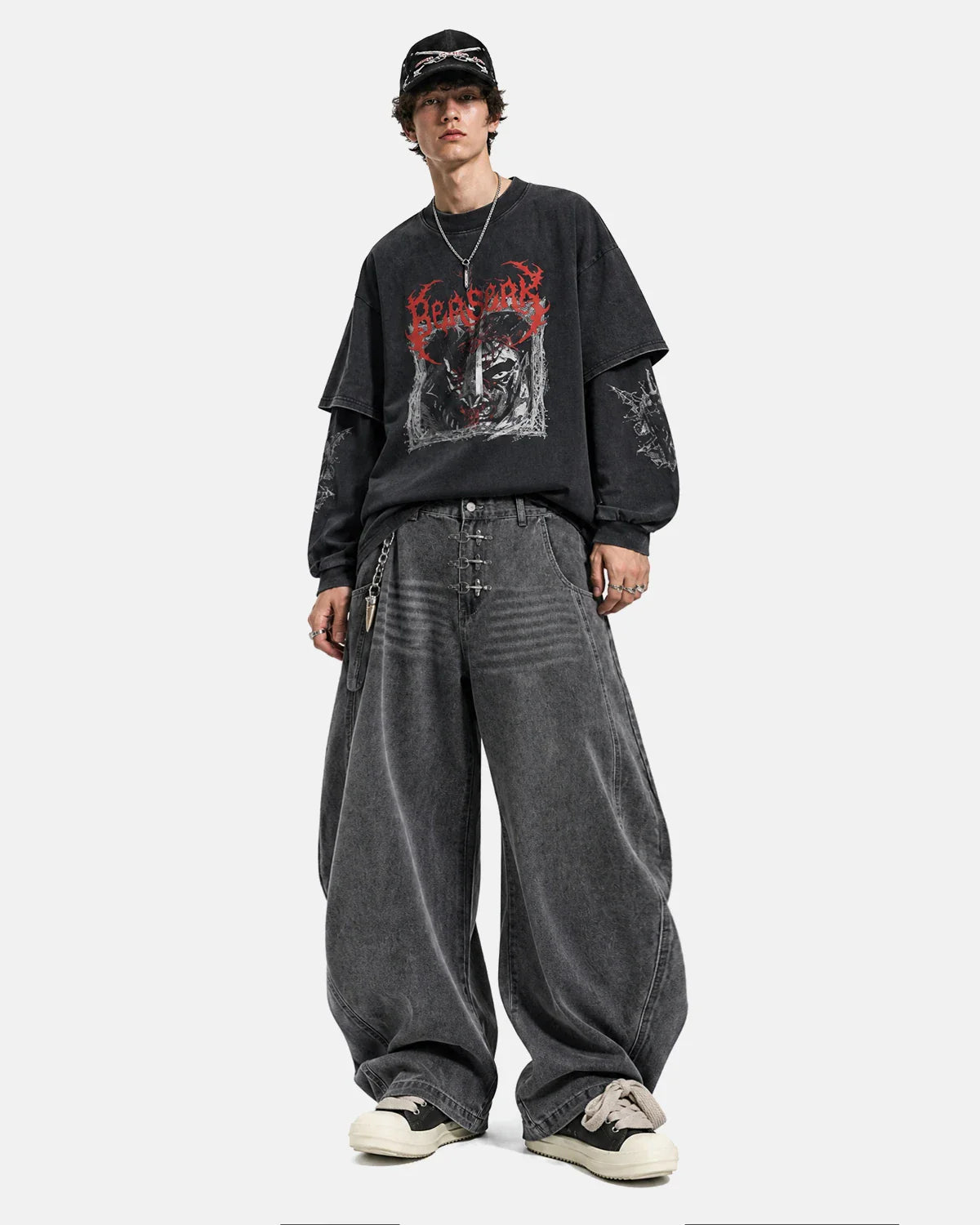 Metal Clasp Grey Barrel Jeans | Inflation Streetwear
