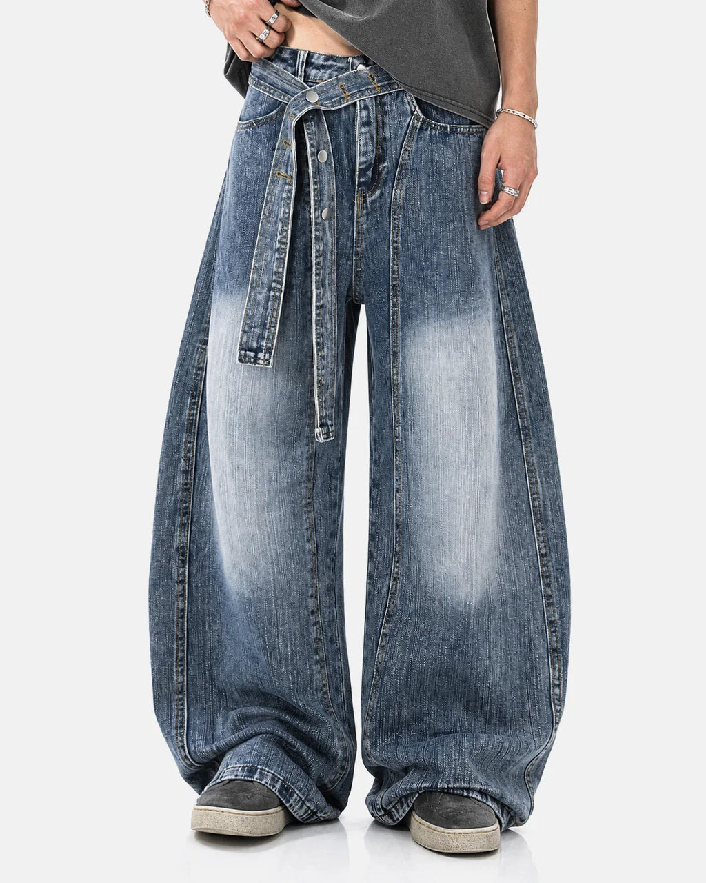 Belted Bamboo Weave Barrel Jeans | Inflation Streetwear