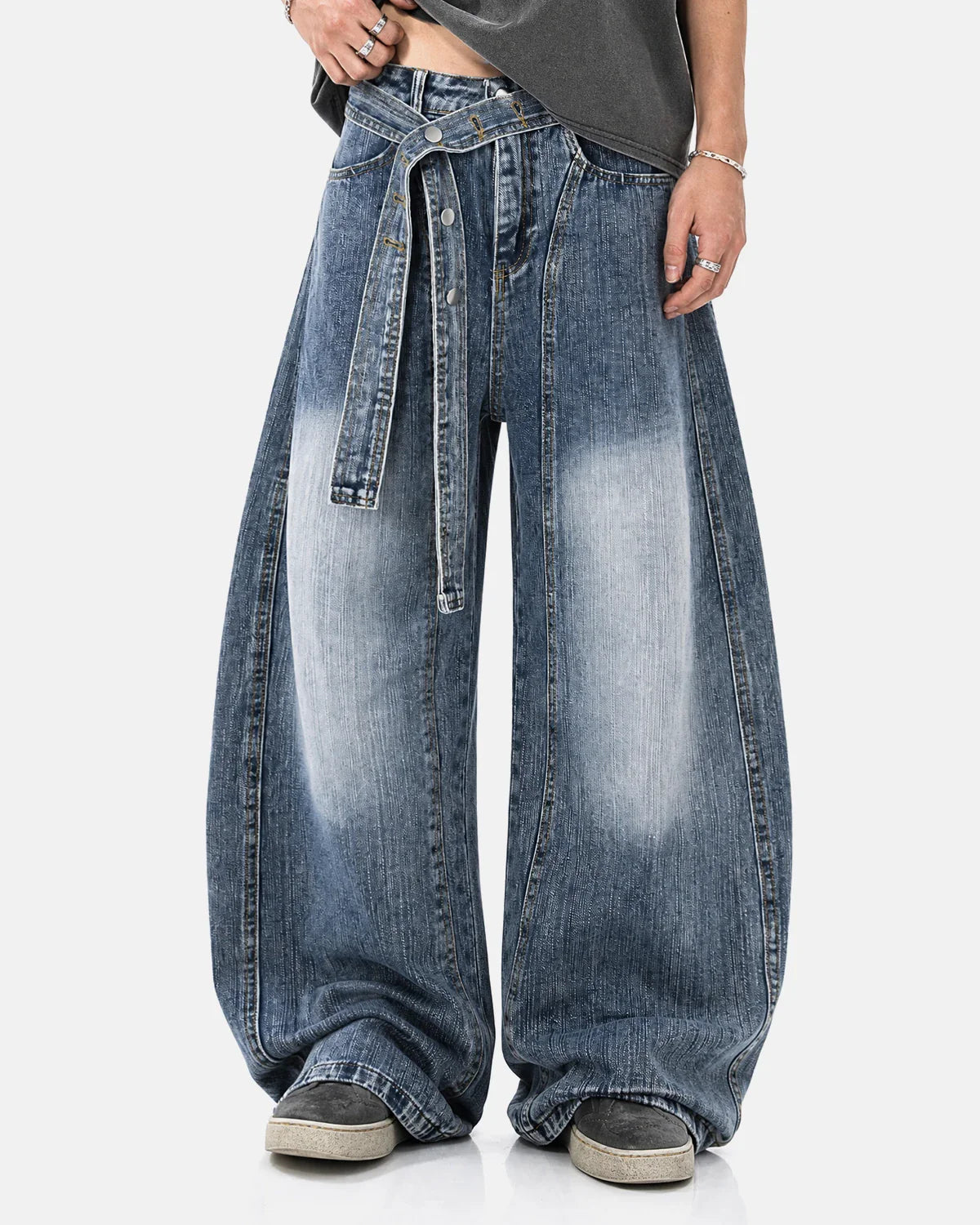 Belted Bamboo Weave Barrel Jeans | Inflation Streetwear