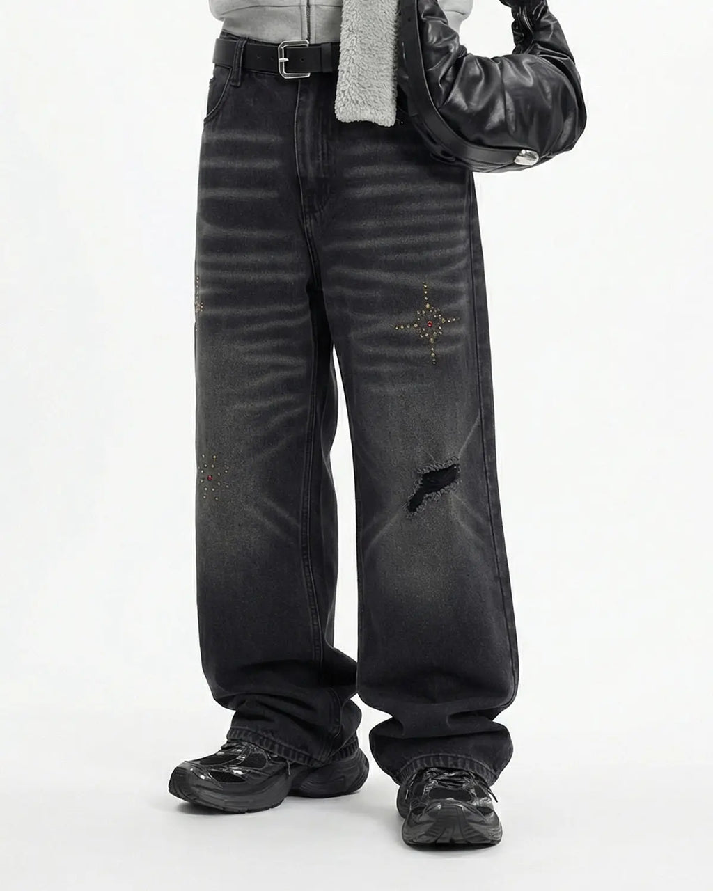 Distressed Rhinestone Ripped Baggy Jeans | Inflation Streetwear
