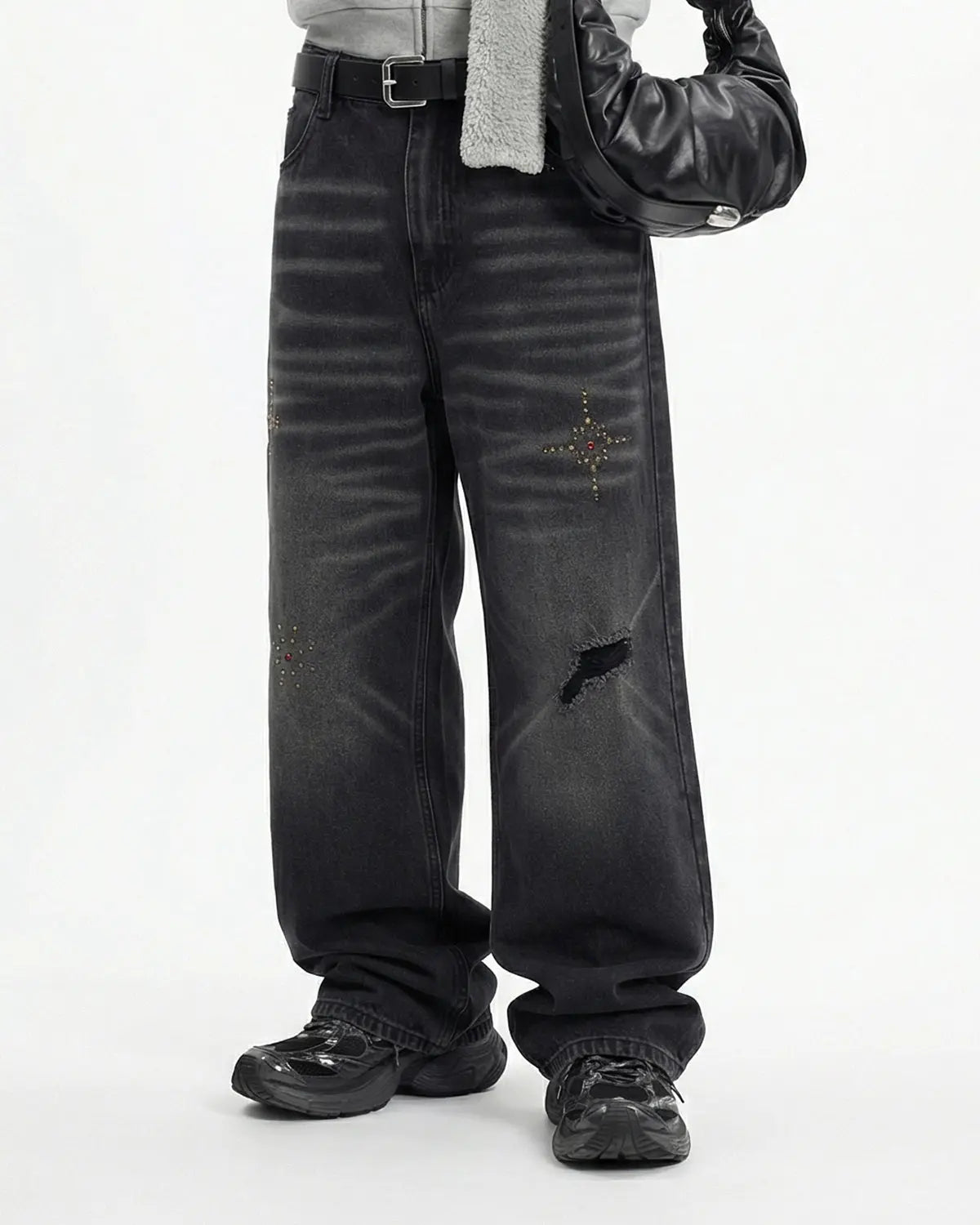 Distressed Rhinestone Ripped Baggy Jeans | Inflation Streetwear