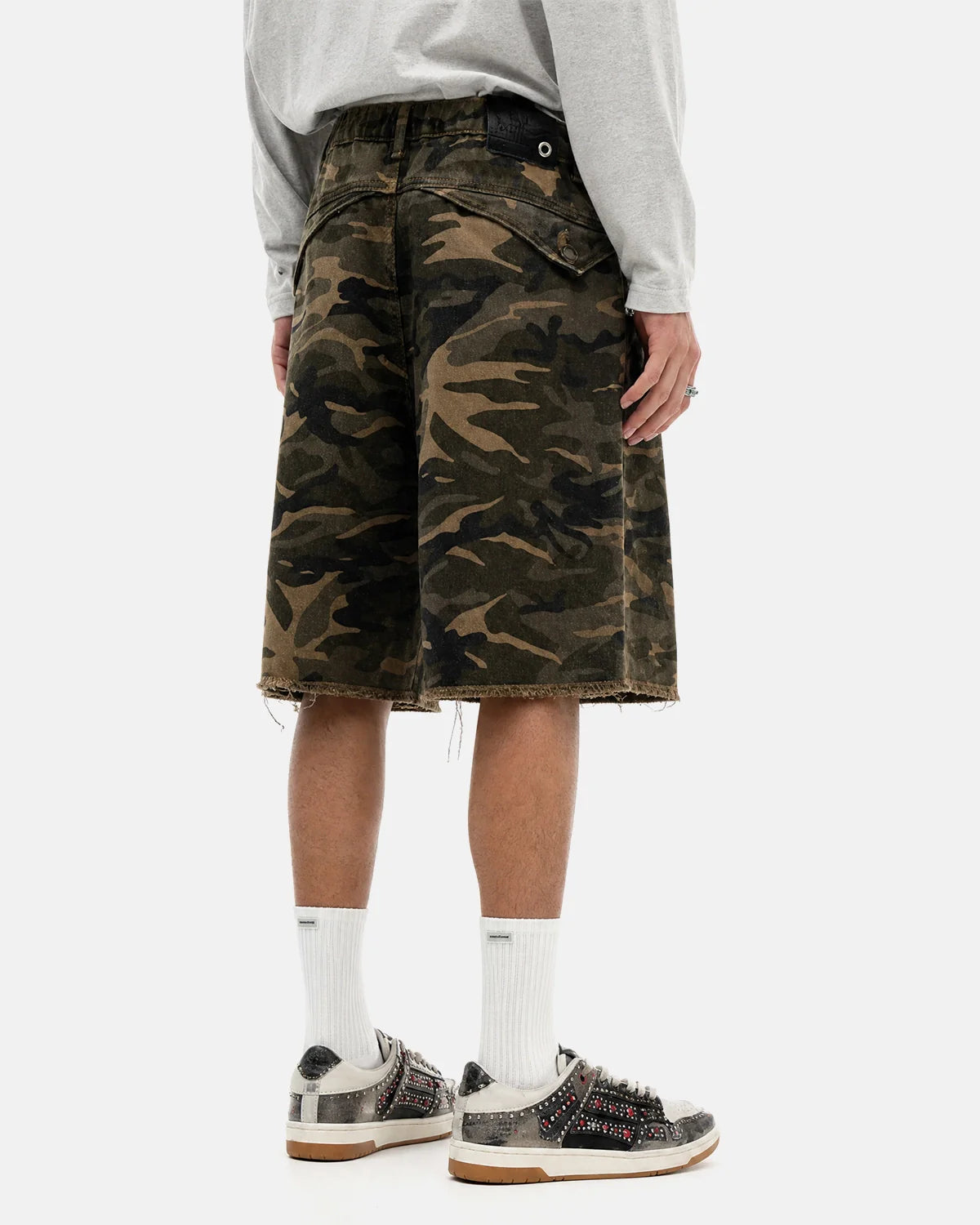 Frayed Hem Camo Knee-Length Shorts | Inflation Streetwear