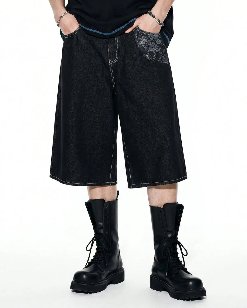 Baggy Denim Jorts with Embroidered Pocket | Inflation Streetwear