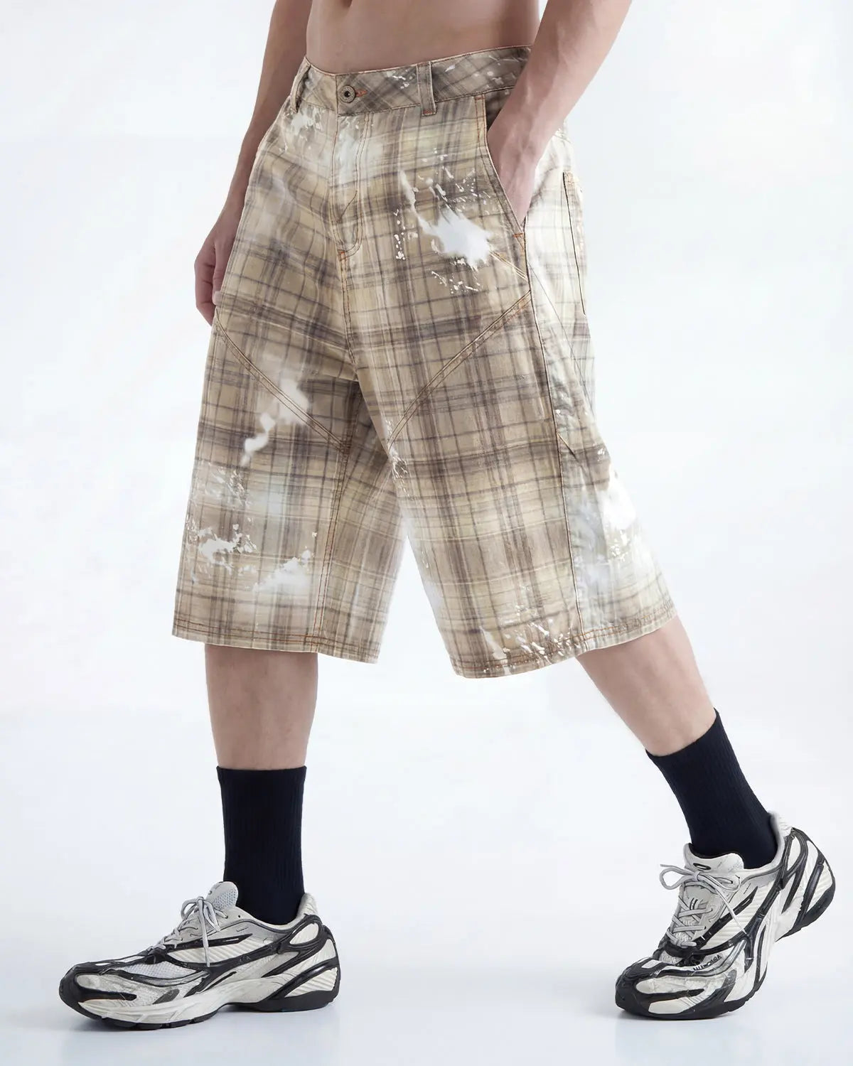 Tencel Washed Plaid Print Longline Shorts | Inflation Streetwear