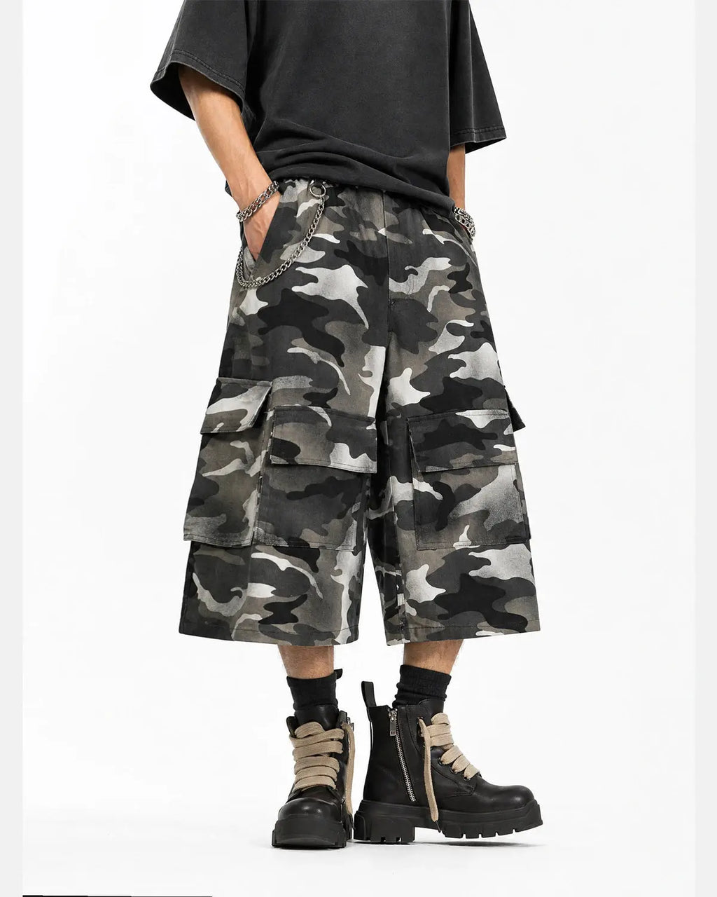Grey Camo Utility Longline Shorts | Inflation Streetwear