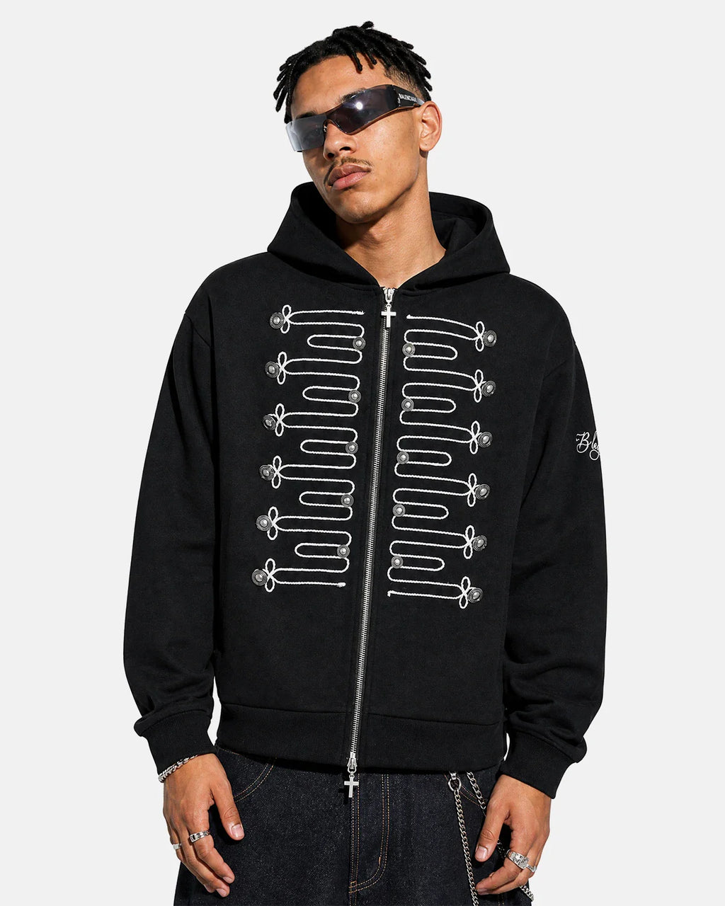 Braided Embroidery Boxy Zip Up Hoodie | Inflation Streetwear