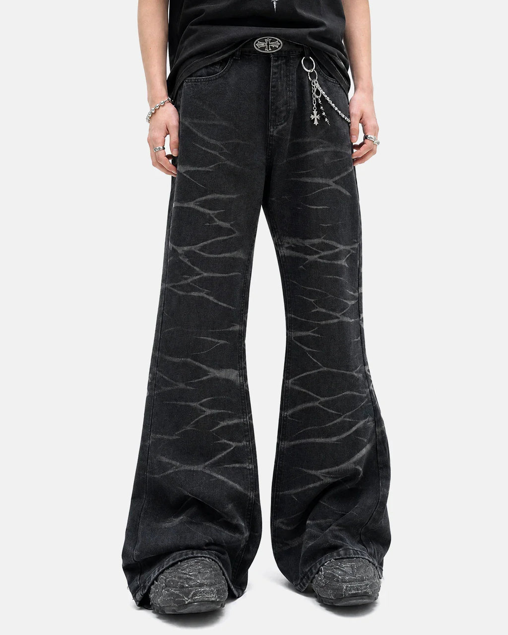 Black Whisker Wash Bootcut Jeans | Inflation Streetwear