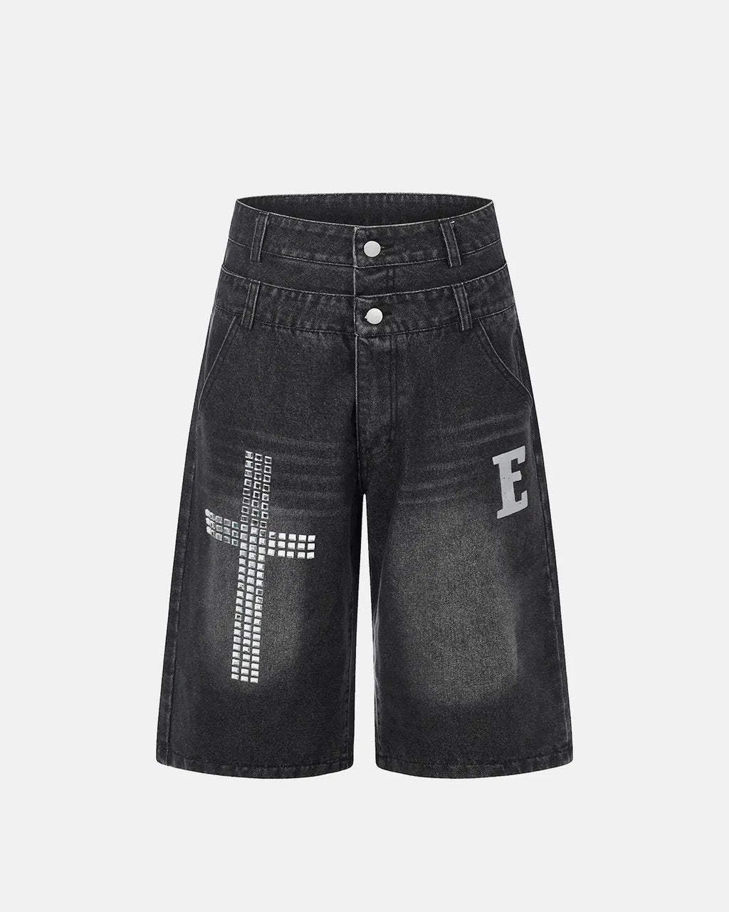 Rhinestone Cross Double Waist Denim Jorts | Inflation Streetwear