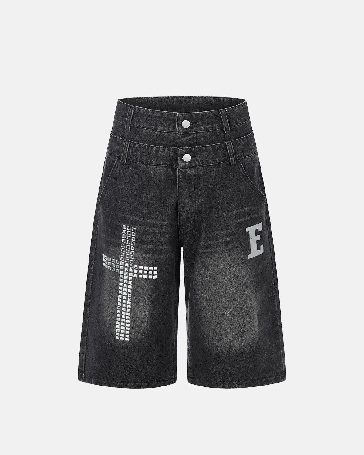 Rhinestone Cross Double Waist Denim Jorts | Inflation Streetwear