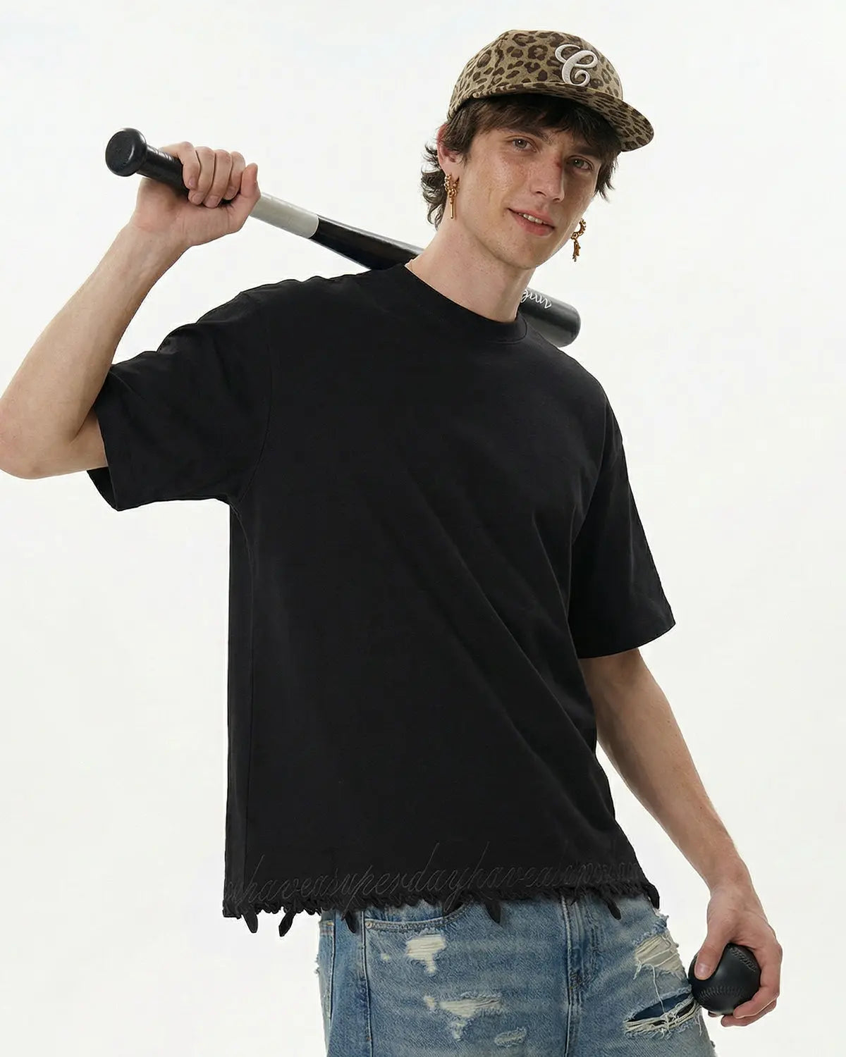 Embroidered Frayed Hem Oversized T-Shirt | Inflation Streetwear
