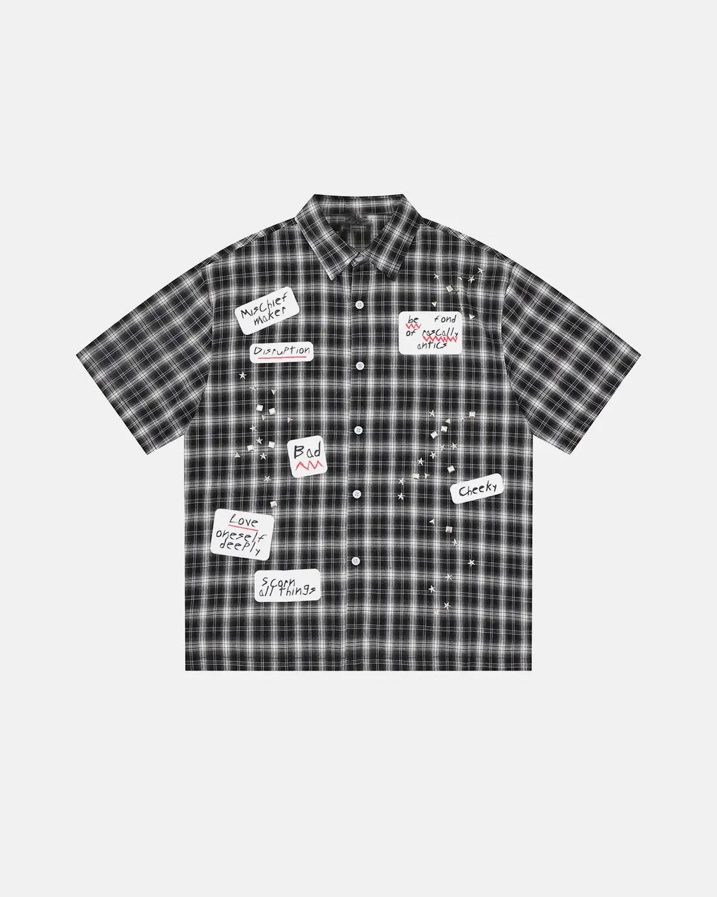 Plaid Sticker Graphic Studded Shirt | Inflation Streetwear