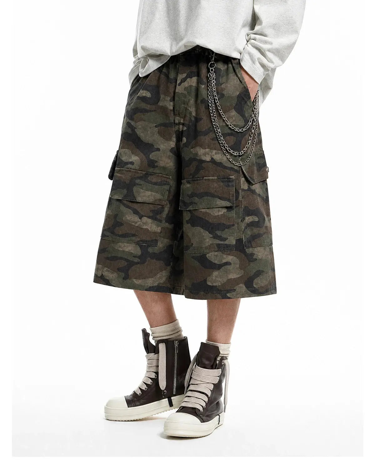Grey Camo Utility Longline Shorts | Inflation Streetwear