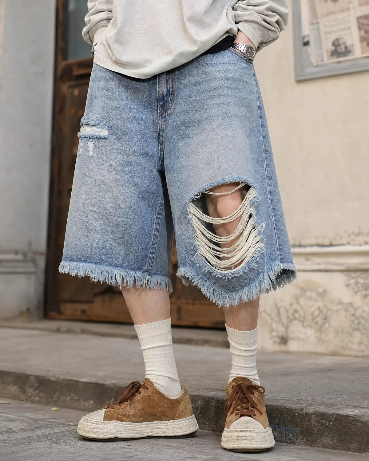 Distressed Baggy Jorts with Adjustable Waist Tabs | Inflation Streetwear