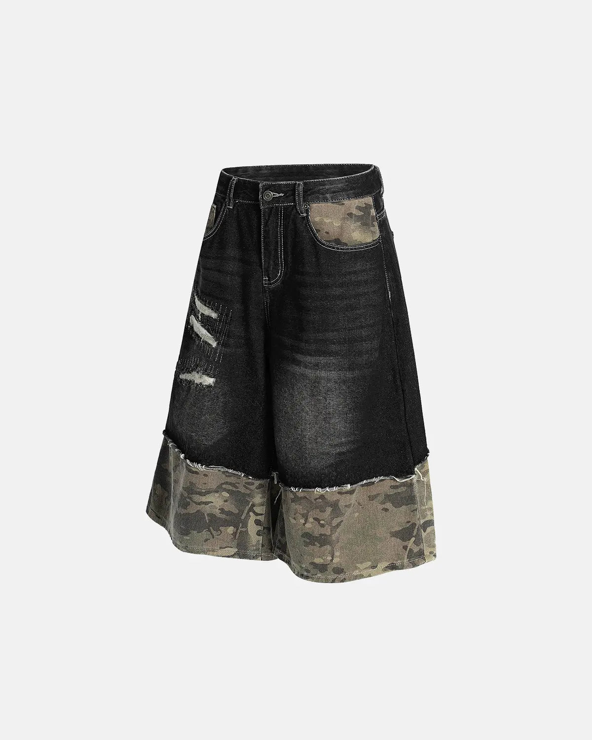 Camo Patchwork Washed Denim Jorts | Inflation Streetwear