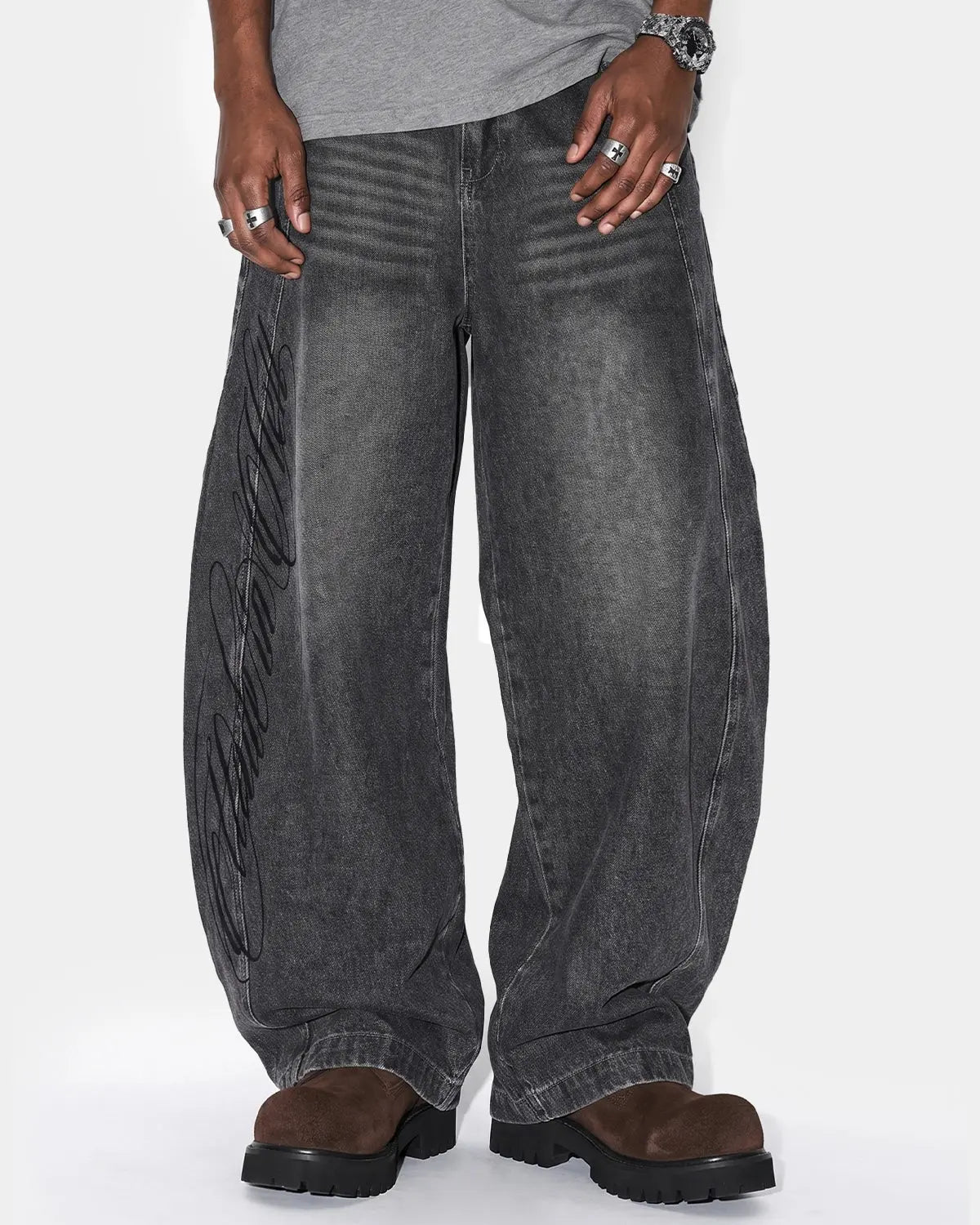 Script Graphic Washed Barrel Jeans | Inflation Streetwear