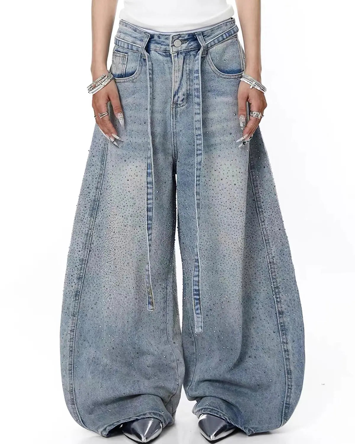 Rhinestone Baggy Barrel Jeans | Inflation Streetwear