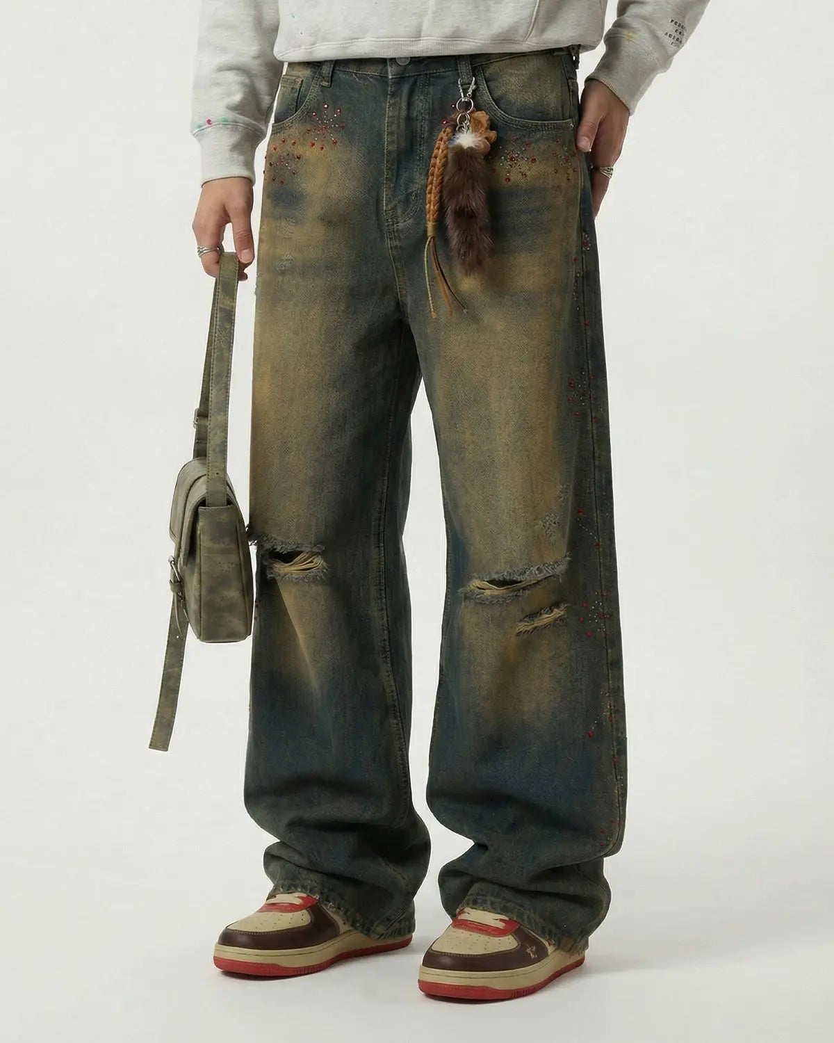 Dirty Wash Rhinestone Baggy Jeans | Inflation Streetwear
