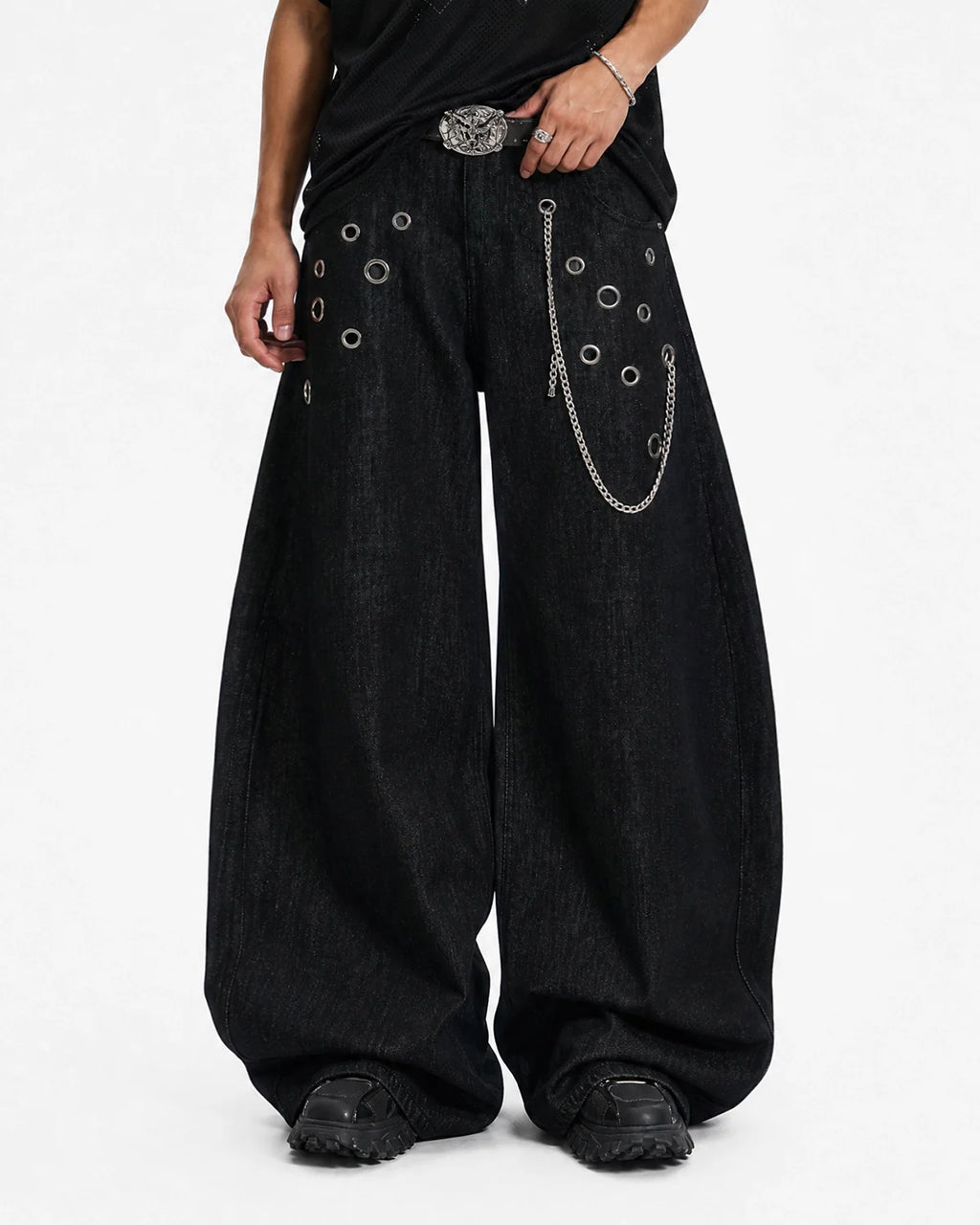 Metal Eyelet Chain Barrel Jeans | Inflation Streetwear