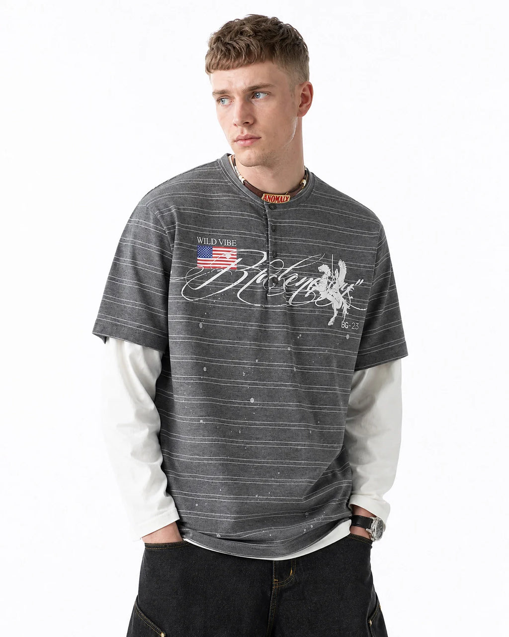 Layered Henley Stripe T-Shirt | Inflation Streetwear