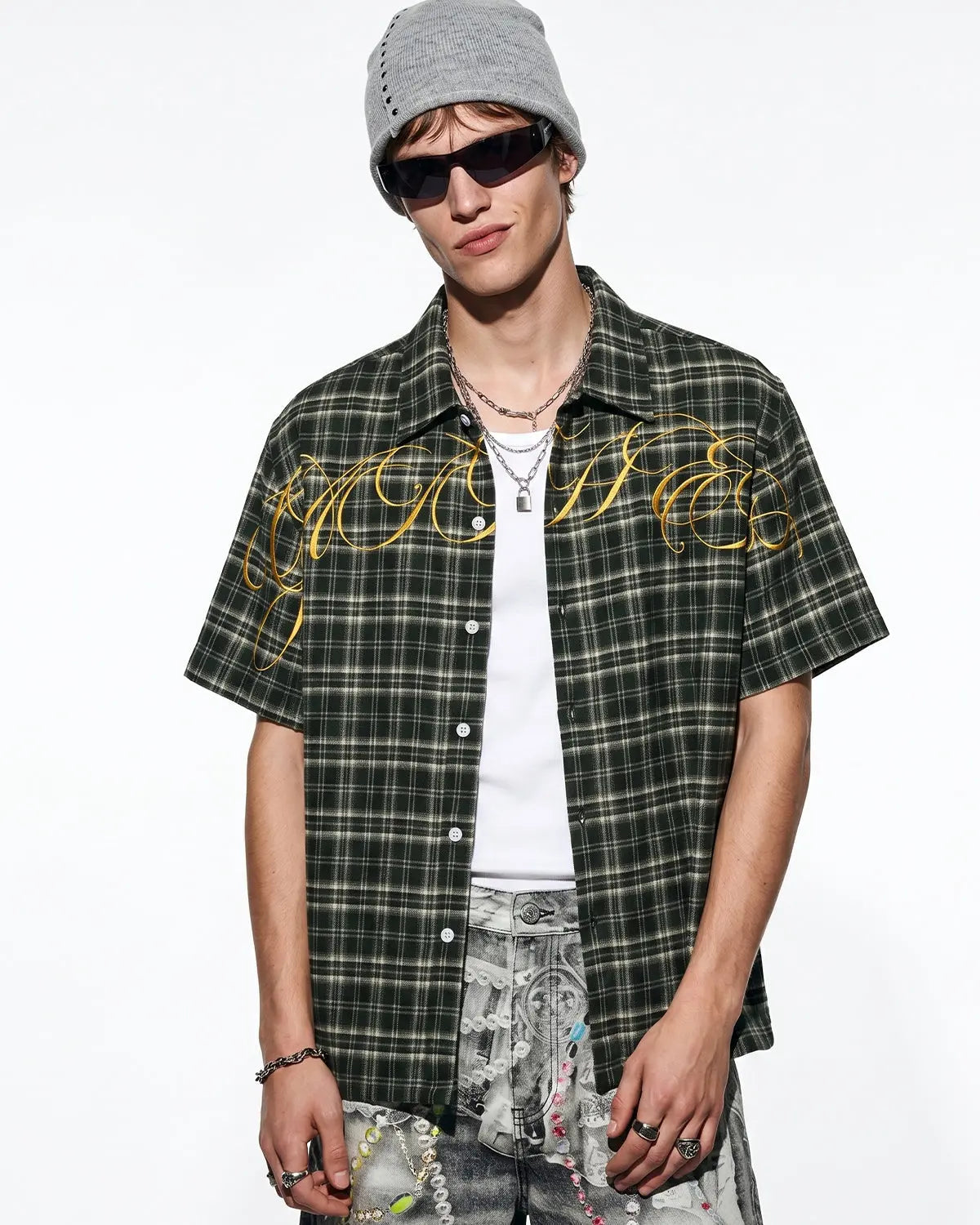 Lettering Embroidery Plaid Shirts | Inflation Streetwear