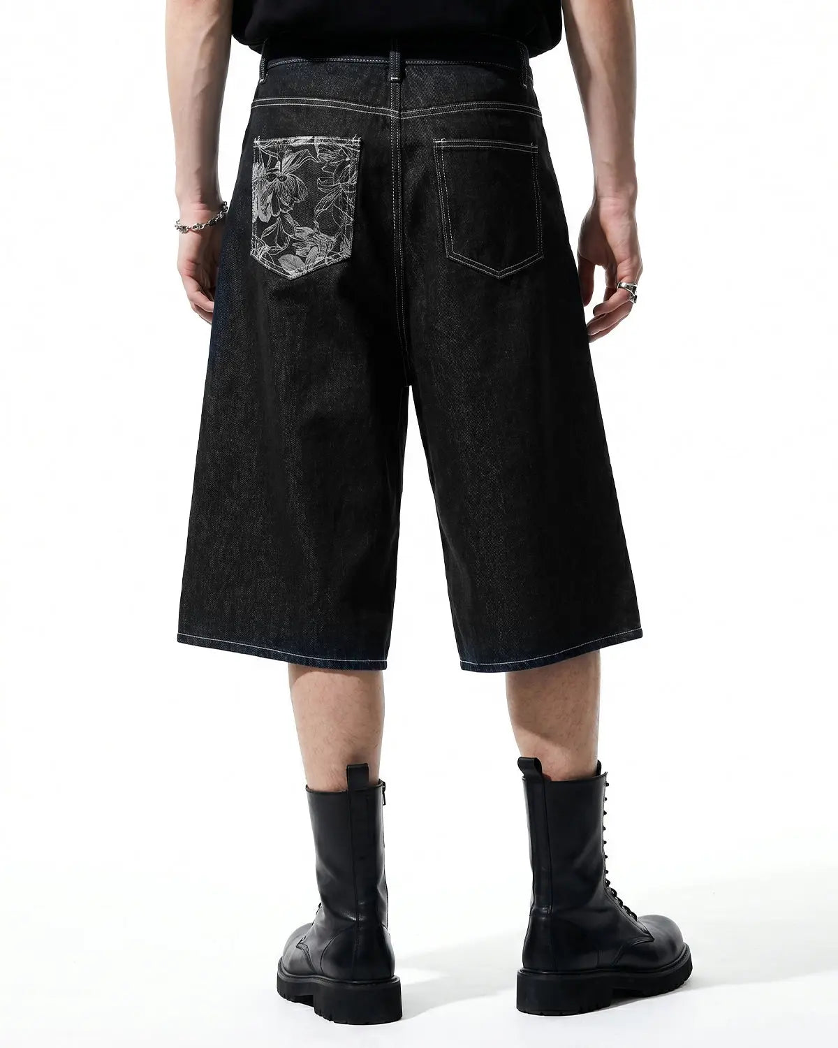Baggy Denim Jorts with Embroidered Pocket | Inflation Streetwear