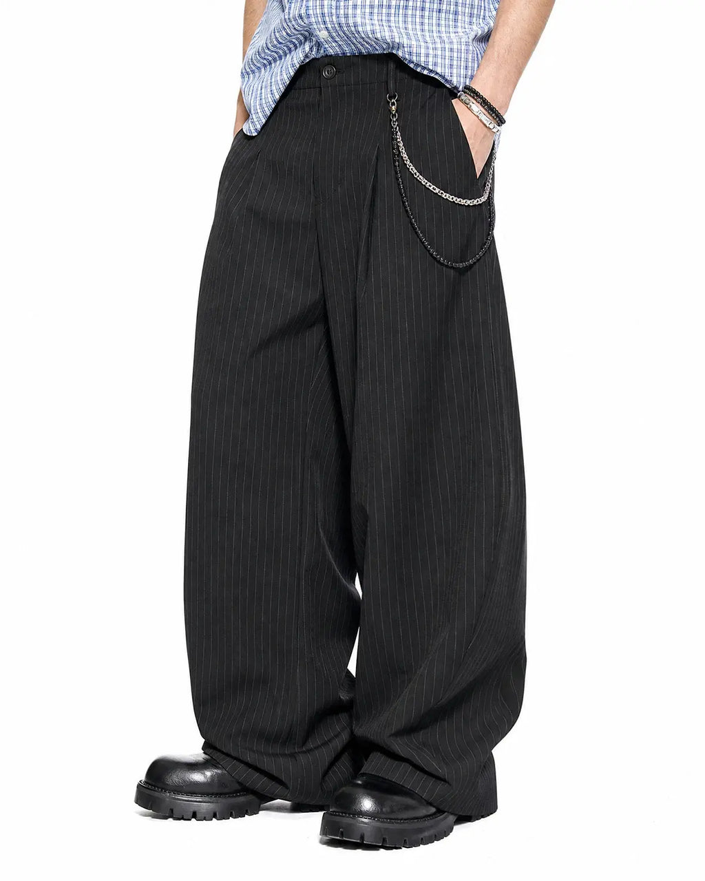 Pinstripe Pleated Barrel Tailored Pants | Inflation Streetwear