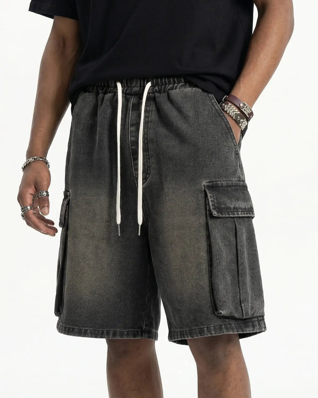 Washed Denim Cargo Shorts with Drawstring | Inflation Streetwear