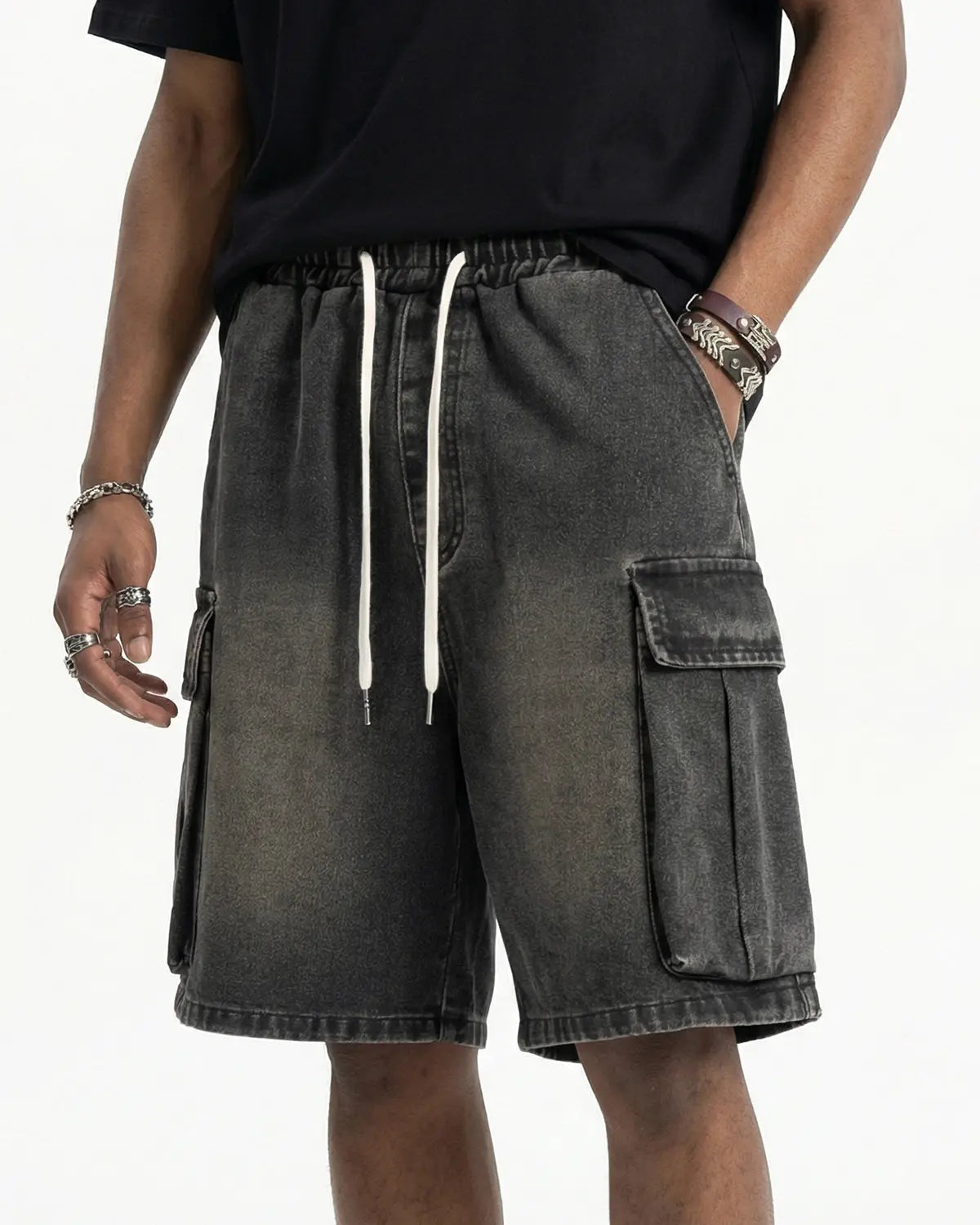Washed Denim Cargo Shorts with Drawstring | Inflation Streetwear