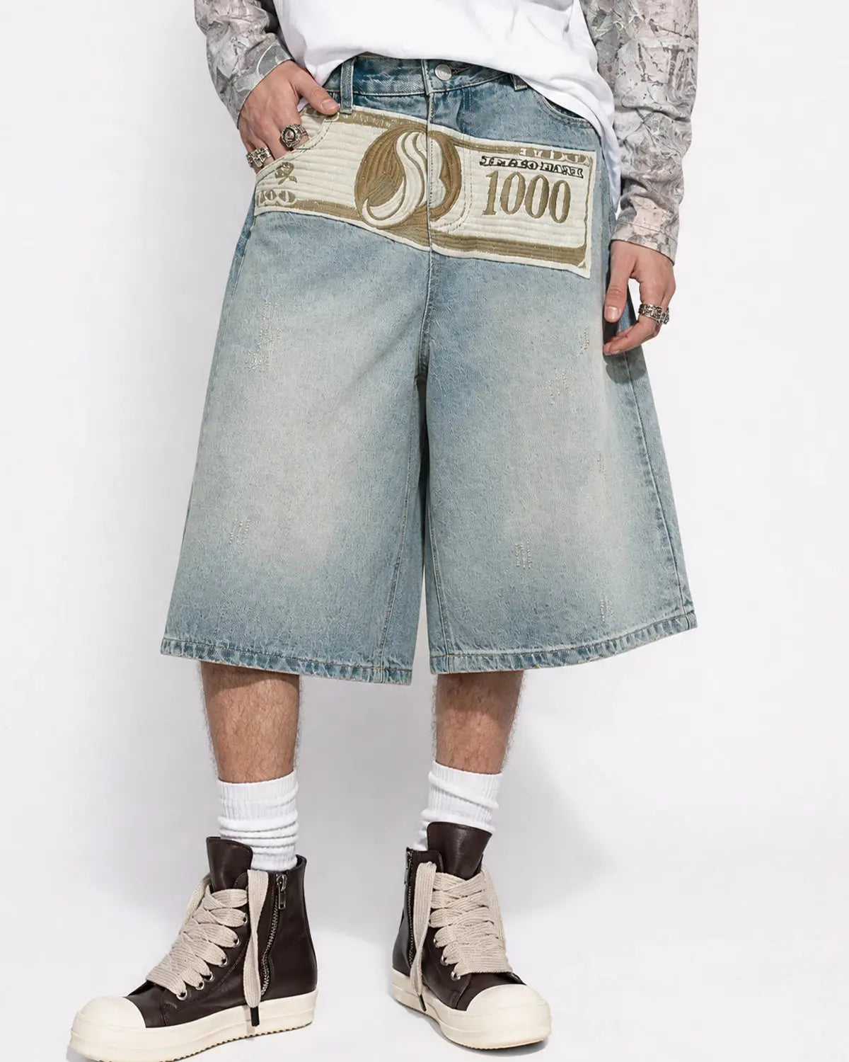 Dollar Patch Embroidery Denim Jorts | Inflation Streetwear