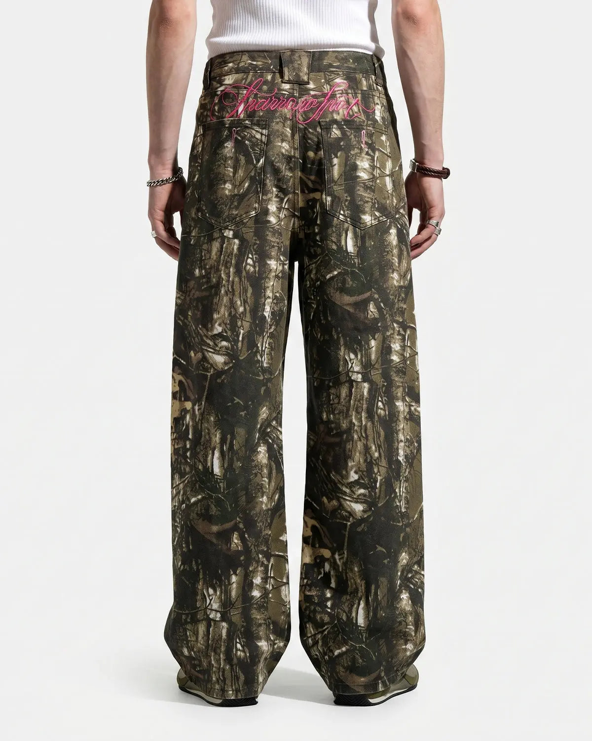 Pink Embroidered Camo Baggy Pants | Inflation Streetwear