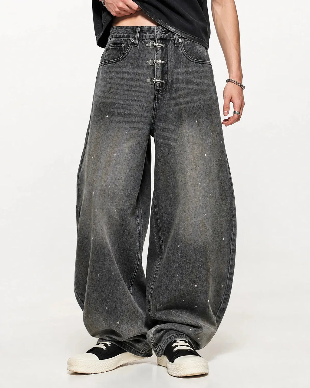 Metal Clasp Washed Barrel Jeans | Inflation Streetwear