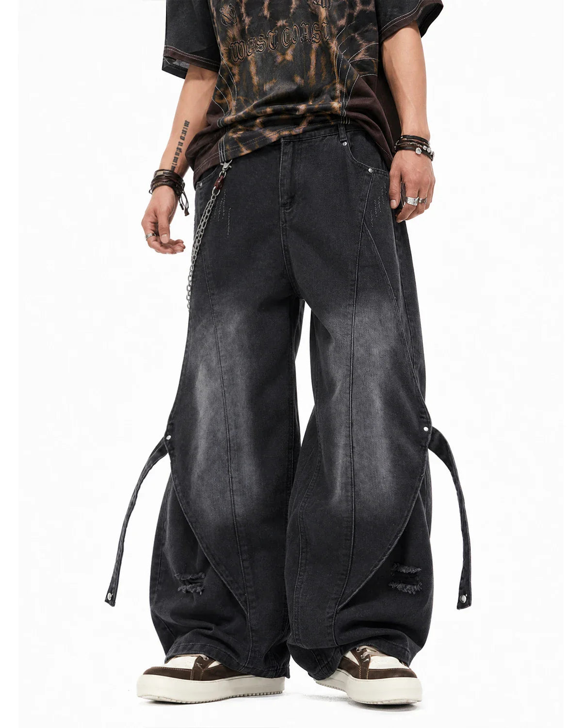 Adjustable Strap Washed Straight-Leg Jeans | Inflation Streetwear