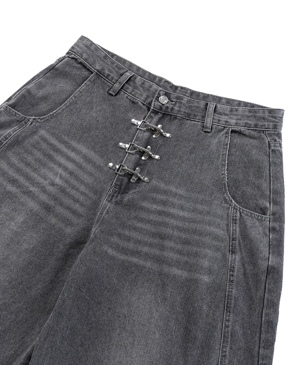 Metal Clasp Grey Barrel Jeans | Inflation Streetwear