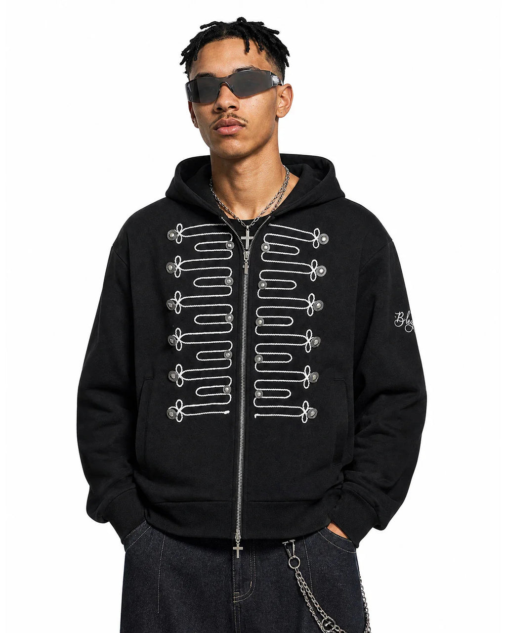 Braided Embroidery Boxy Zip Up Hoodie | Inflation Streetwear