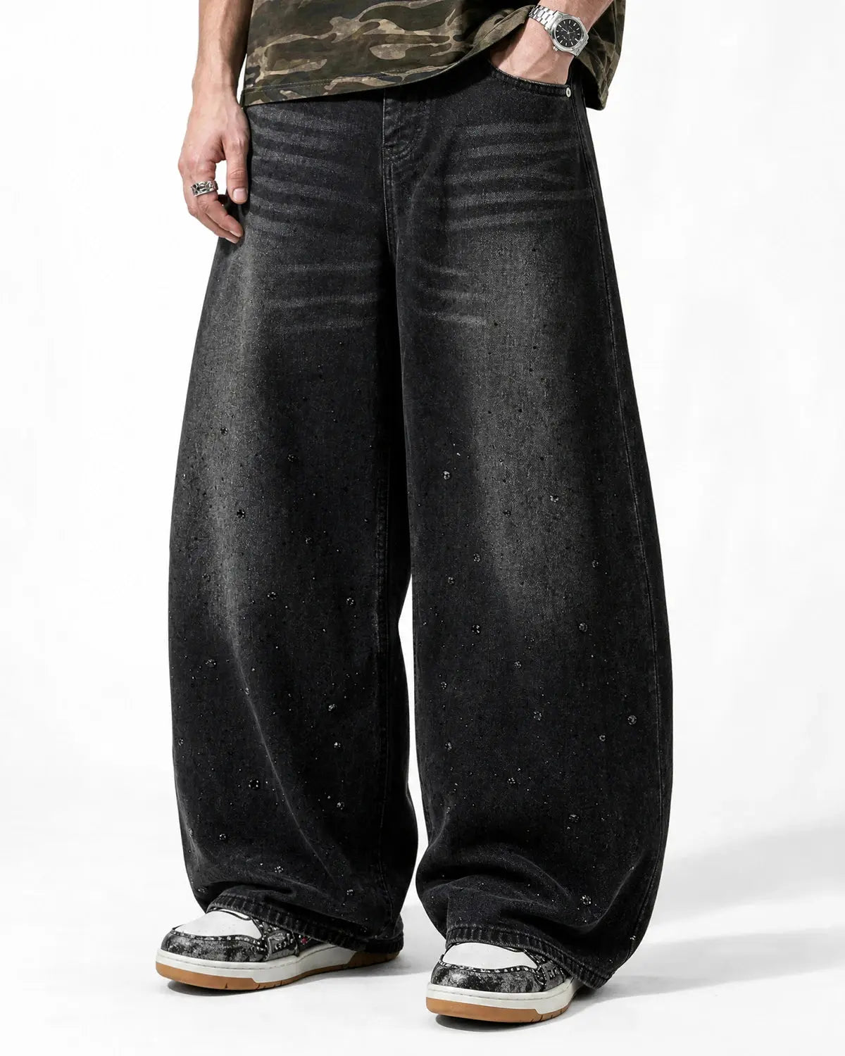 Vintage Washed Rhinestone Barrel Jeans | Inflation Streetwear