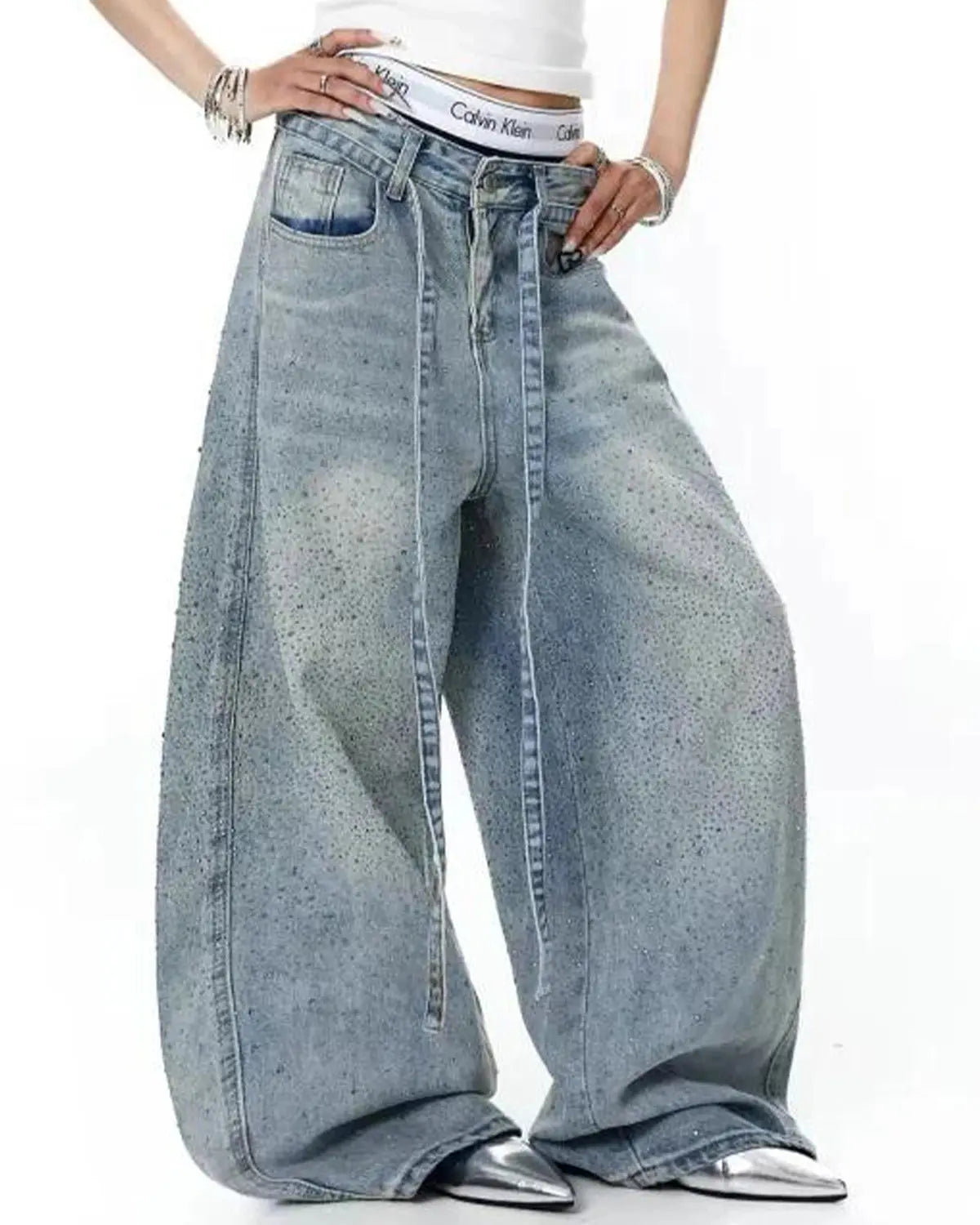 Rhinestone Baggy Barrel Jeans | Inflation Streetwear