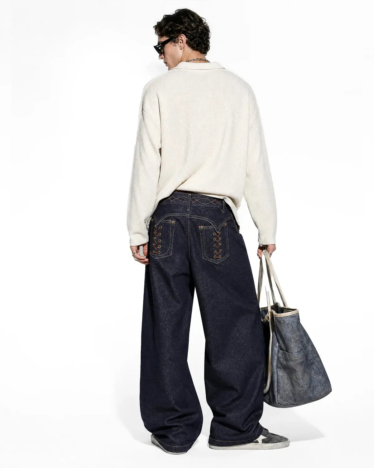 Side Lace-Up Raw Baggy Jeans | Inflation Streetwear