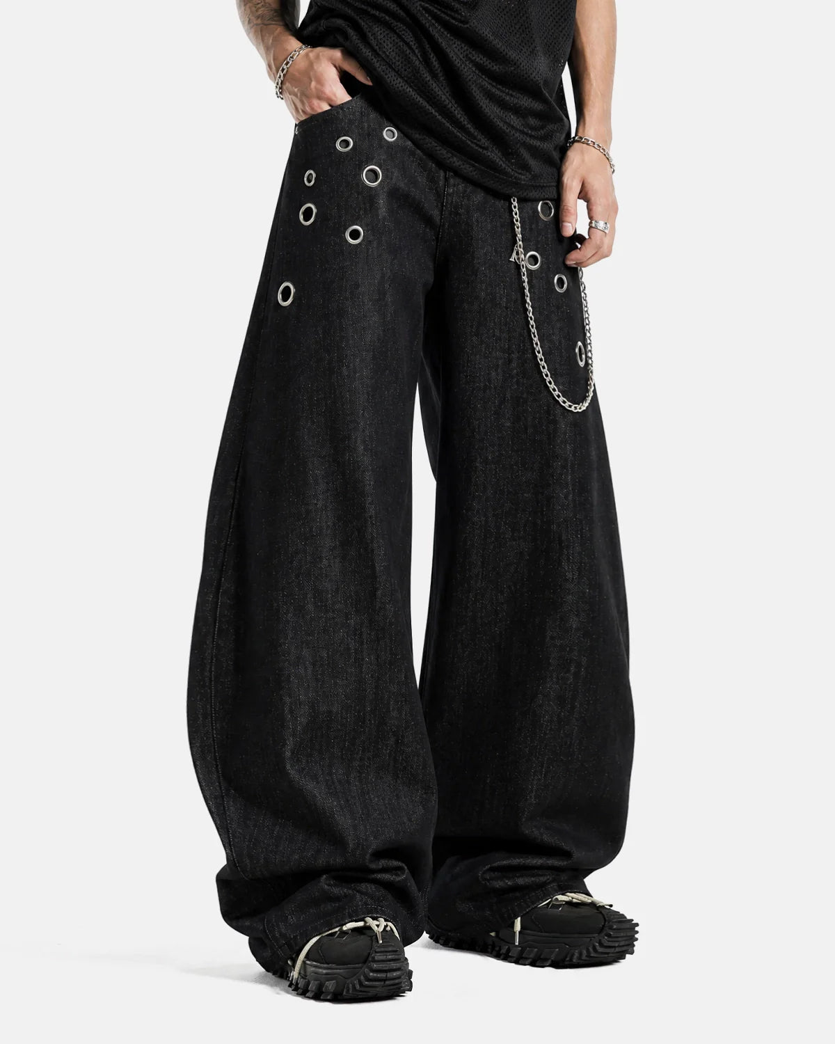 Metal Eyelet Chain Barrel Jeans | Inflation Streetwear