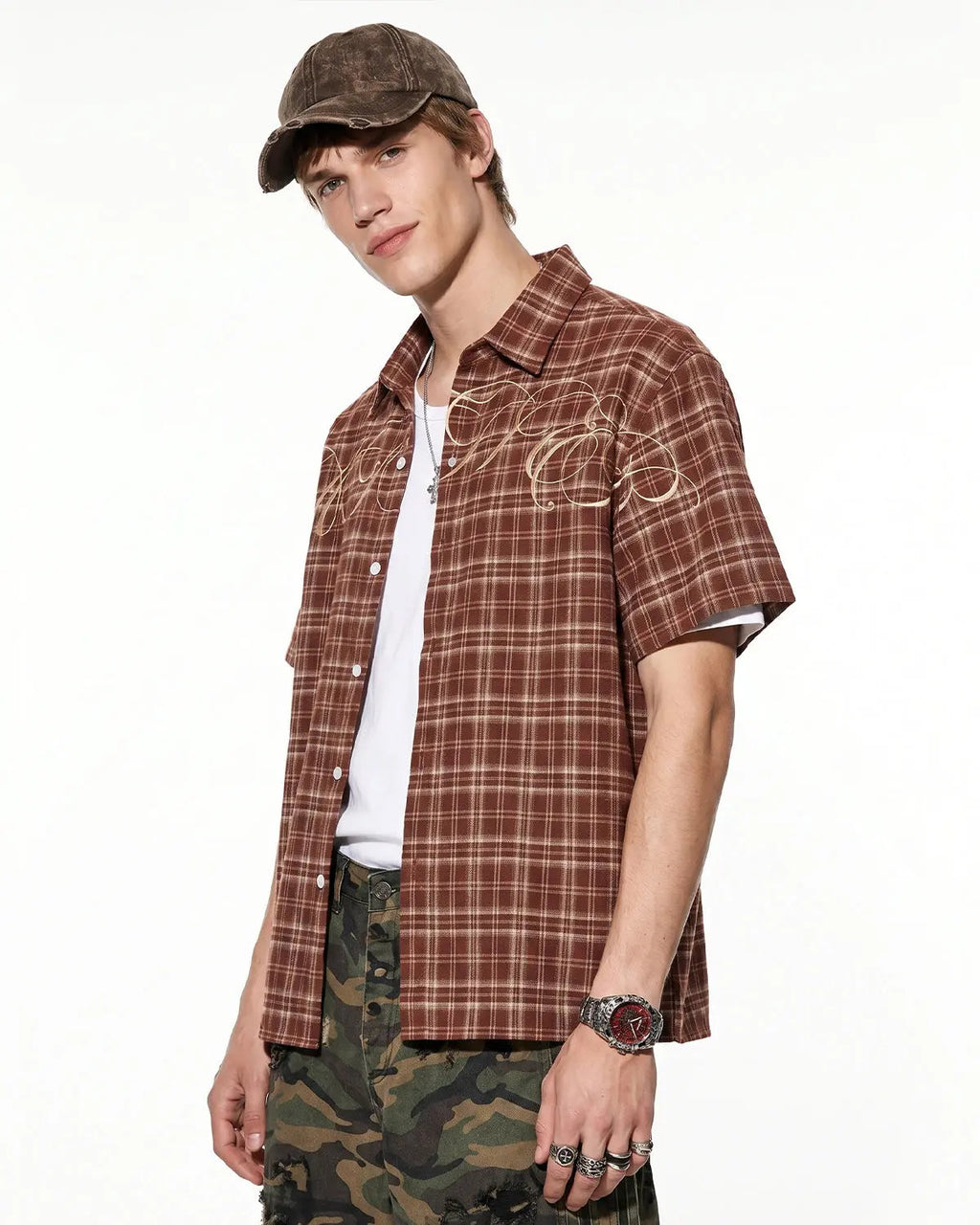 Lettering Embroidery Plaid Shirts | Inflation Streetwear