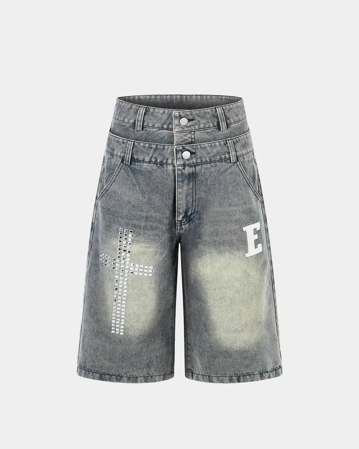 Rhinestone Cross Double Waist Denim Jorts | Inflation Streetwear