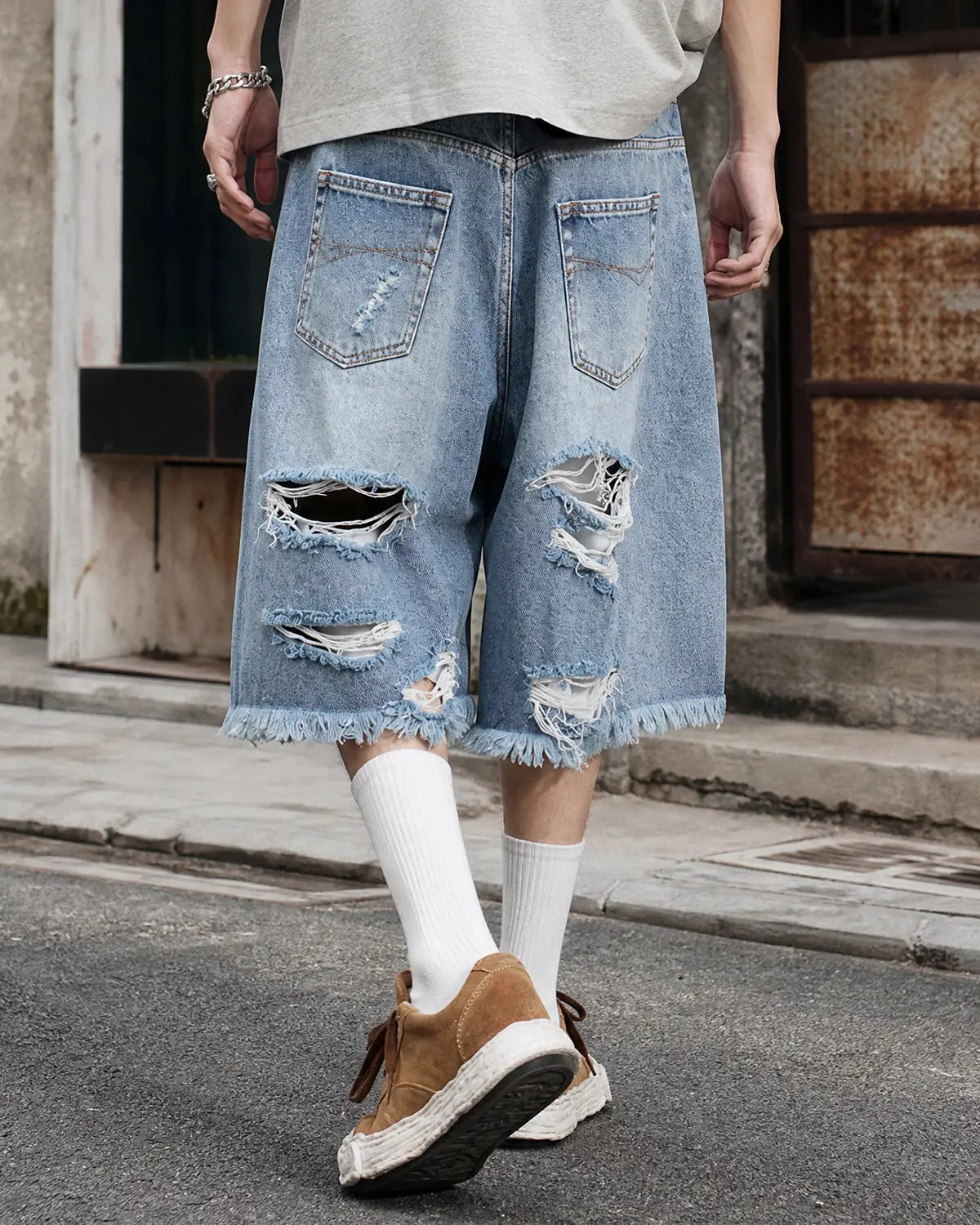 Distressed Baggy Jorts with Adjustable Waist Tabs | Inflation Streetwear
