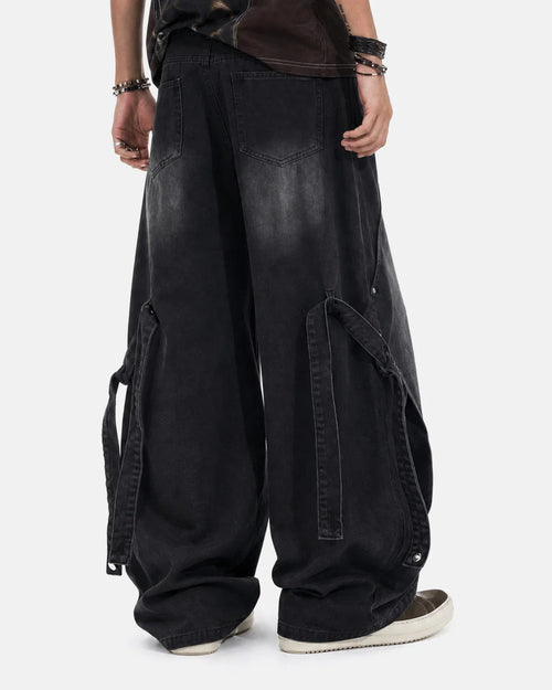 Adjustable Strap Washed Straight-Leg Jeans | Inflation Streetwear