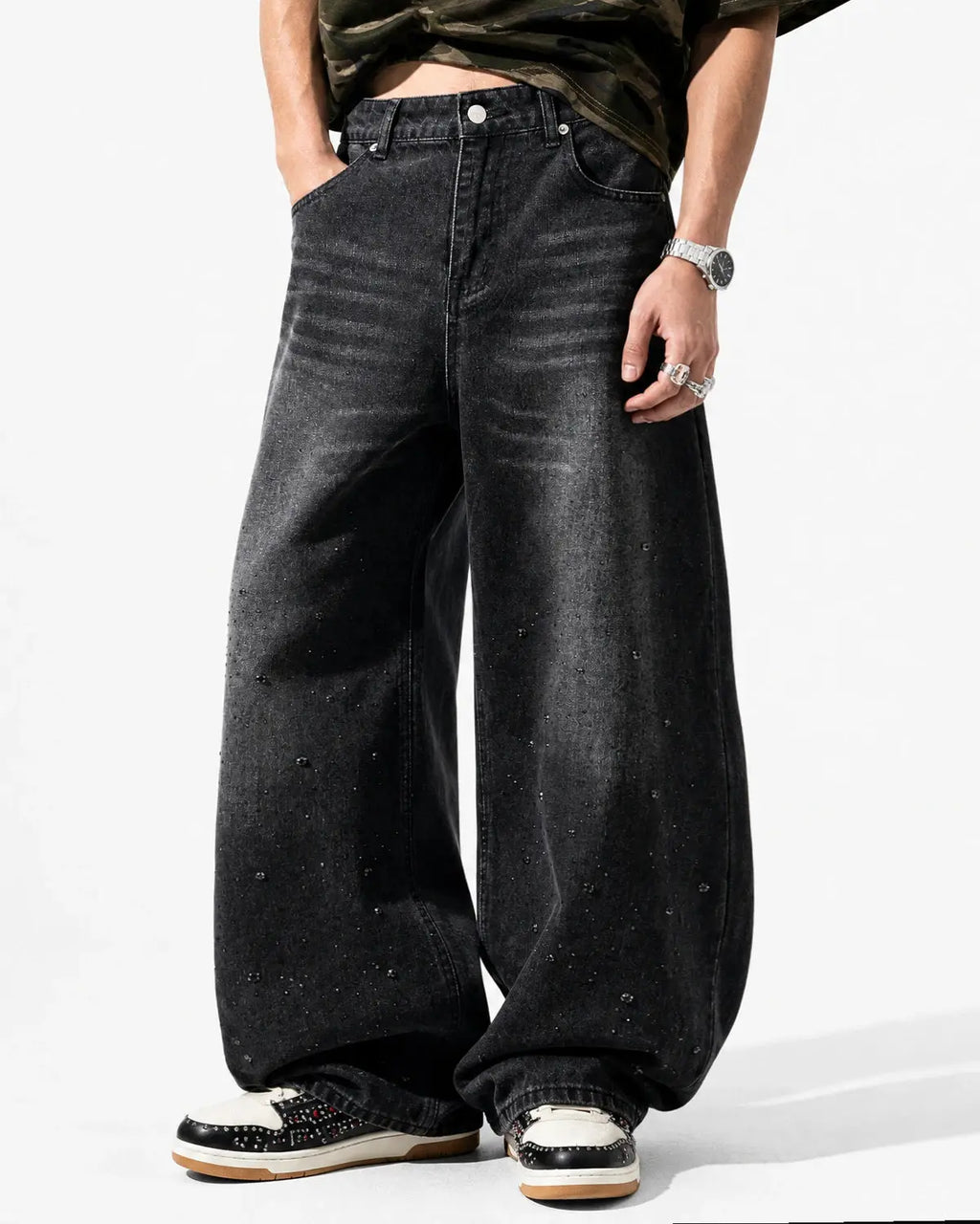 Vintage Washed Rhinestone Barrel Jeans | Inflation Streetwear