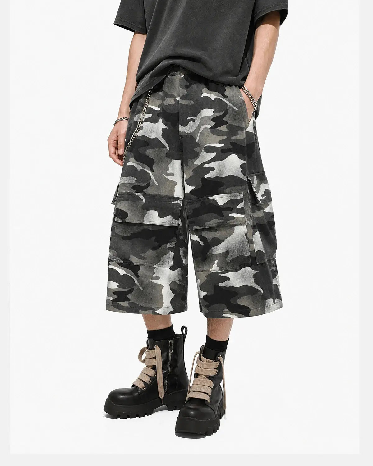 Grey Camo Utility Longline Shorts | Inflation Streetwear